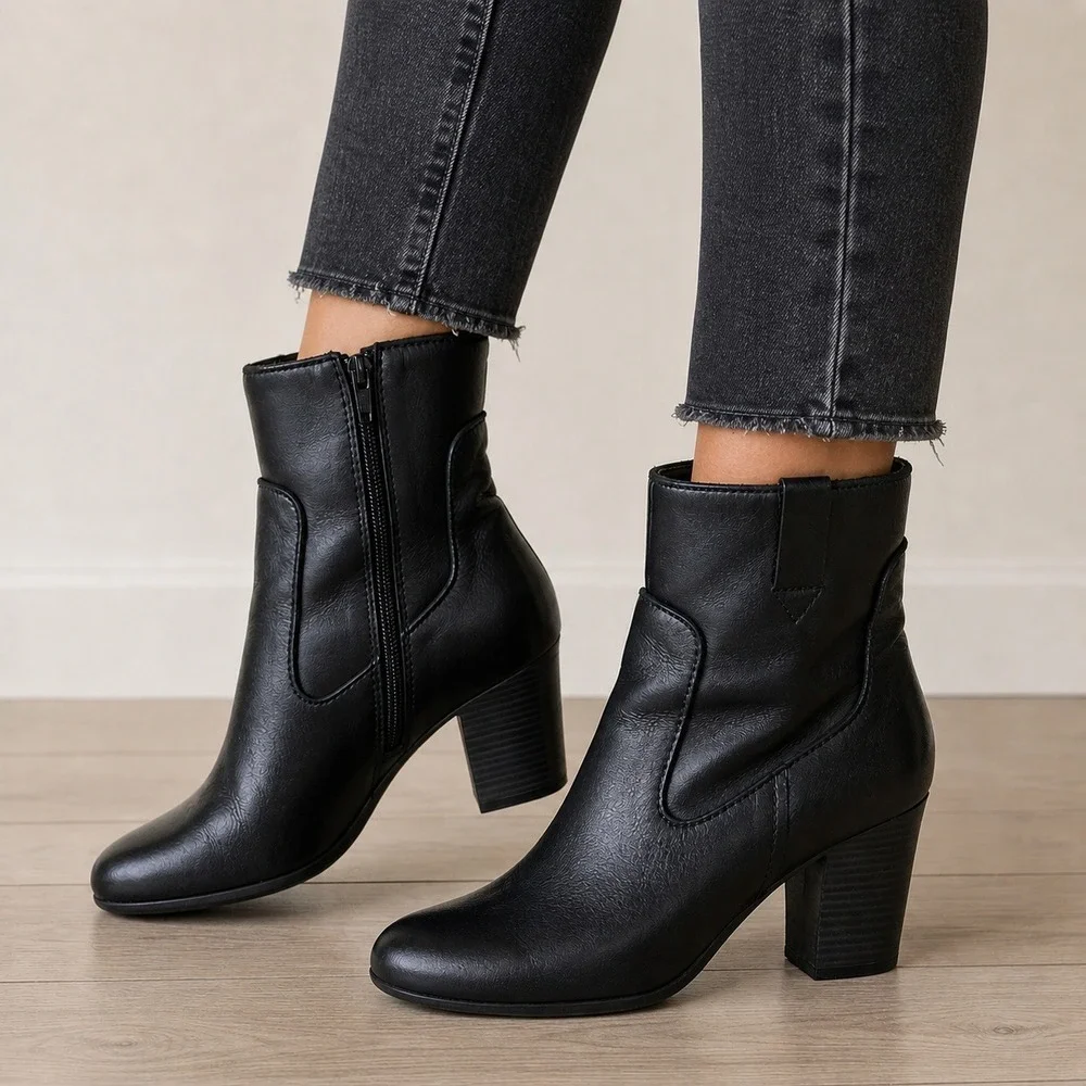 Clarks Ankle Boots Women 7.5 Black Leather Block Heel Side Zip Boho Office - Picture 1 of 8